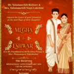 Red and Gold Theme South Indian Wedding Invitation with couple caricatures
