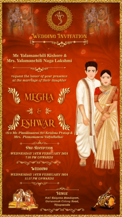 Red and Gold Theme South Indian Wedding Invitation with couple caricatures