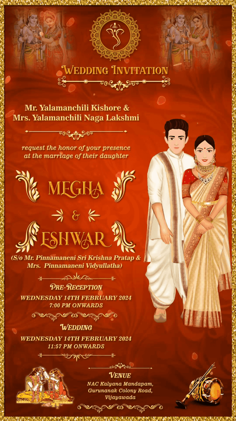 Red and Gold Theme South Indian Wedding Invitation with couple caricatures