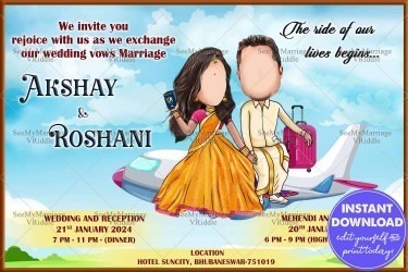 A Couple Flying on an Aeroplan Wedding Invitation Card with Funny Caricature