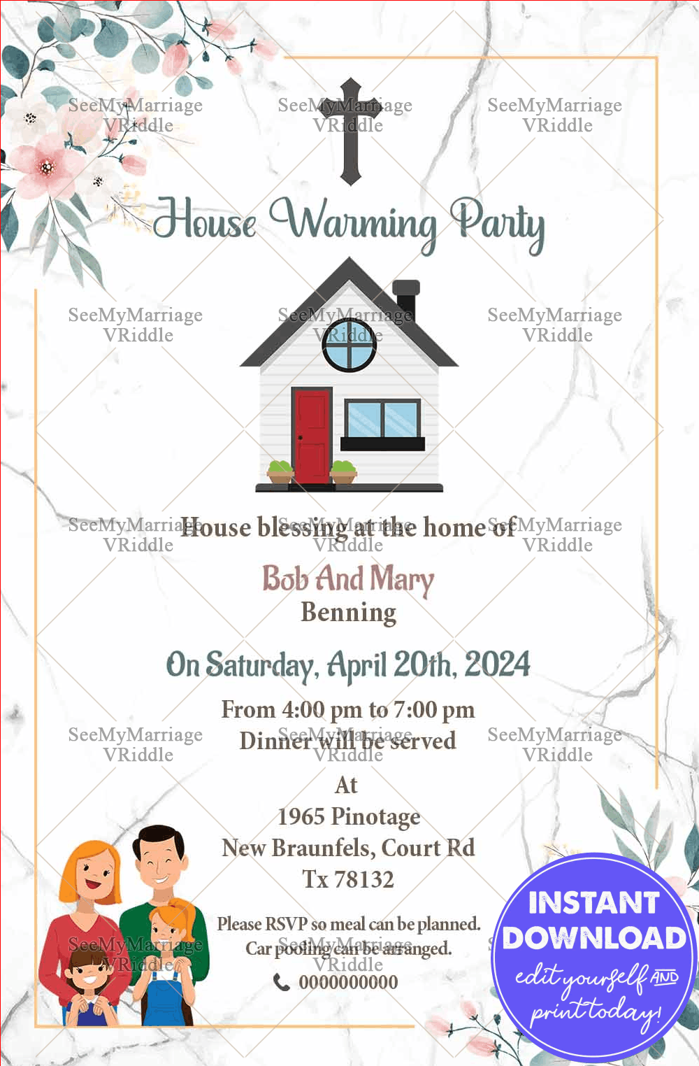 A Pretty White Base Floral House Warming Invitation Card With Christian Family
