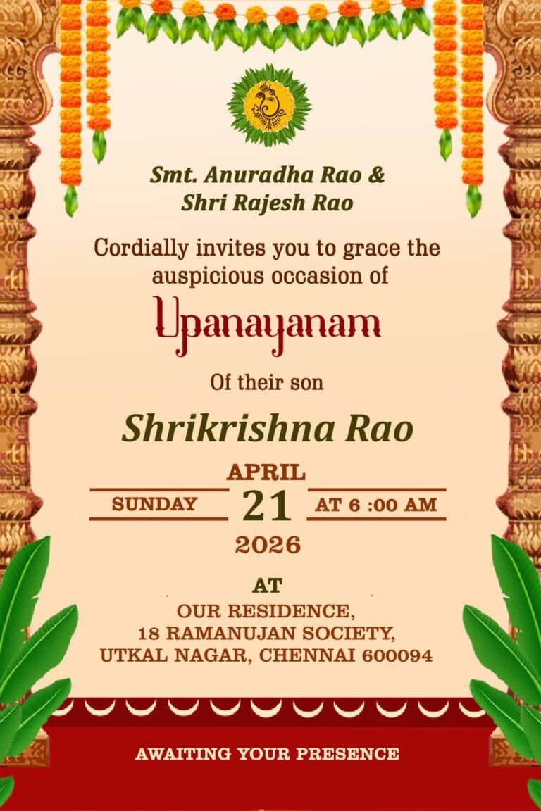 Family theme Red Upanayanam Invitation in a cream background with caricatures