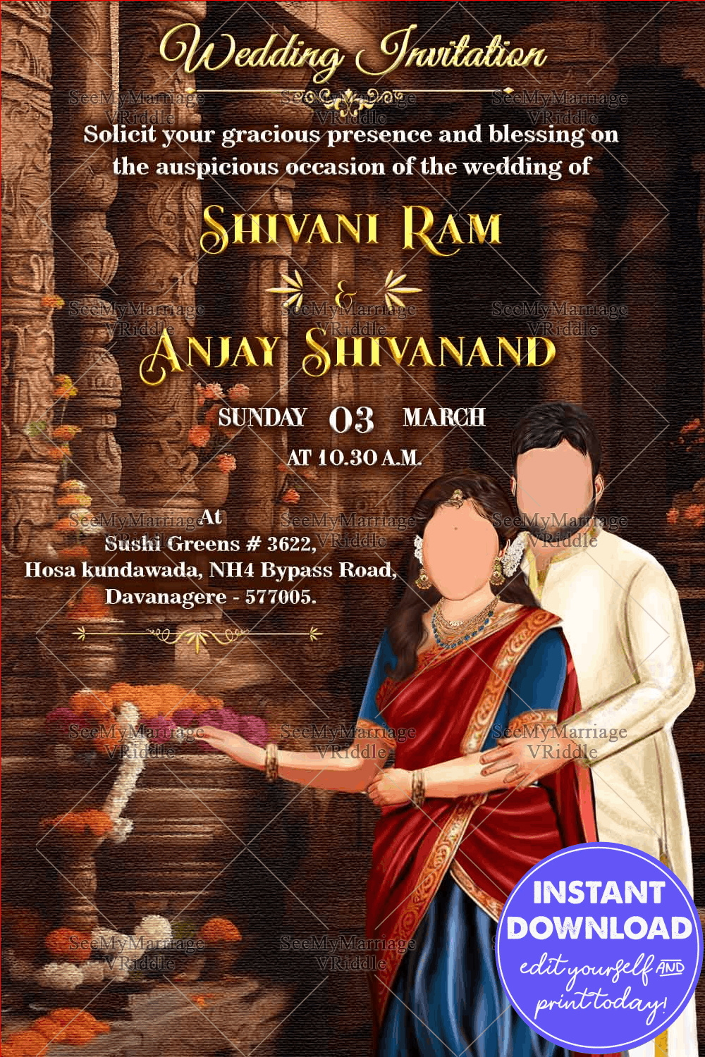 Caricature Wedding Invitation Card with a Traditional Temple Theme