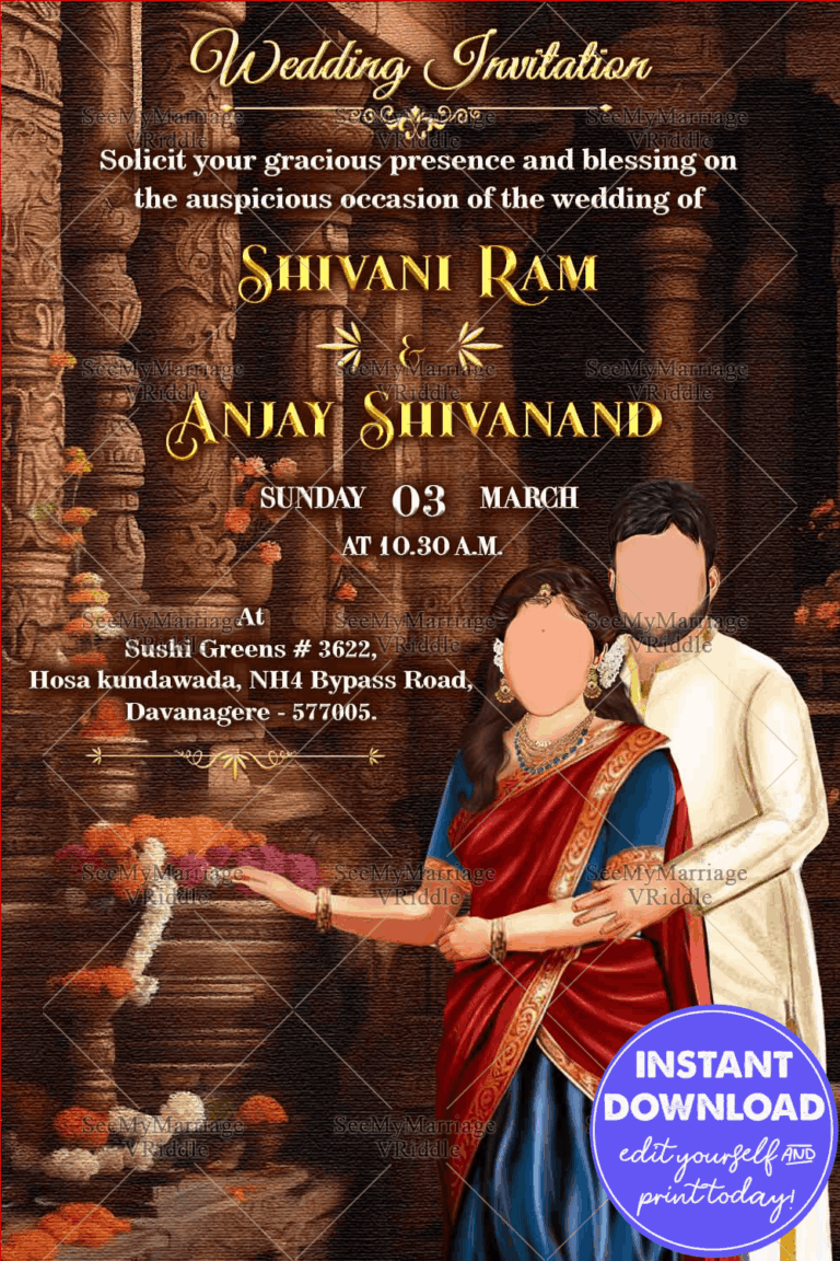 Caricature Wedding Invitation Card with a Traditional Temple Theme