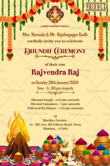 Dhundh Ceremony Invitation with Holi colors In Cream Background