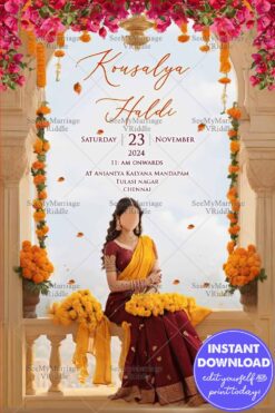 Golden Glow Caricature Haldi Ceremony Invitation with Sitting Girl And Hanging Marigold