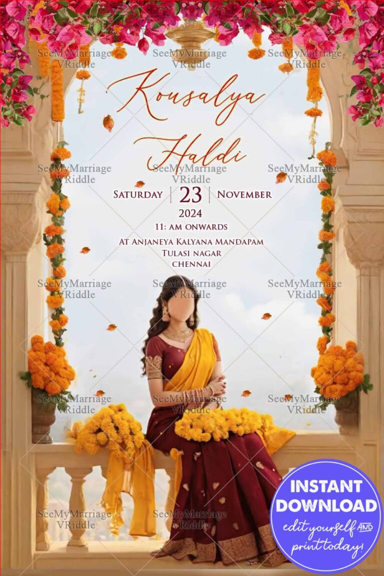 Golden Glow Caricature Haldi Ceremony Invitation with Sitting Girl And Hanging Marigold