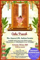 Little Ganesha Theme Housewarming Invitation Card In Cream Color-min