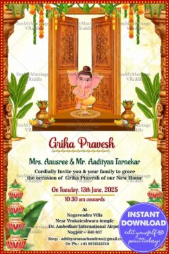 Little Ganesha Theme Housewarming Invitation Card In Cream Color