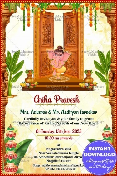 Little Ganesha Theme Housewarming Invitation Card In Cream Color-min