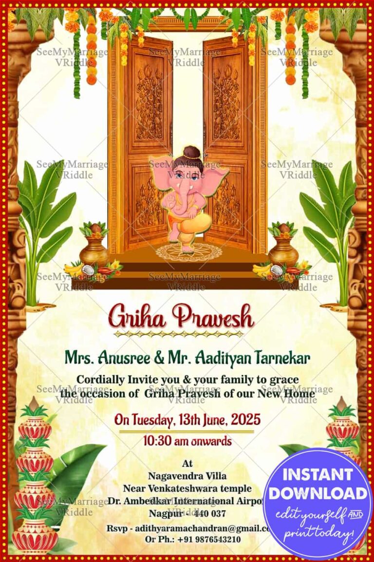 Little Ganesha Theme Housewarming Invitation Card In Cream Color