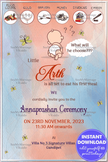 Peach and blue Annaprashan InvitationCute Cartoon Baby