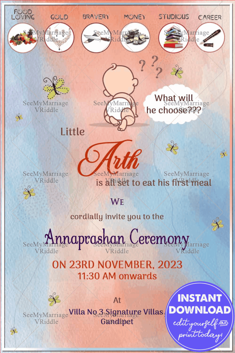 Blue and Peach Annaprashan Invitation with Crawling Cartoon Baby