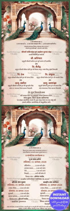 An Ornate Wedding Invitation in Hindi with Peacocks, lush greens and majestic purples