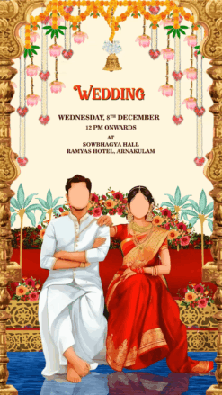 Royal Kerala Wedding Invitation with elephants -with multiple events, Nischayam, Haldi, Mehndi, Wedding and Reception.