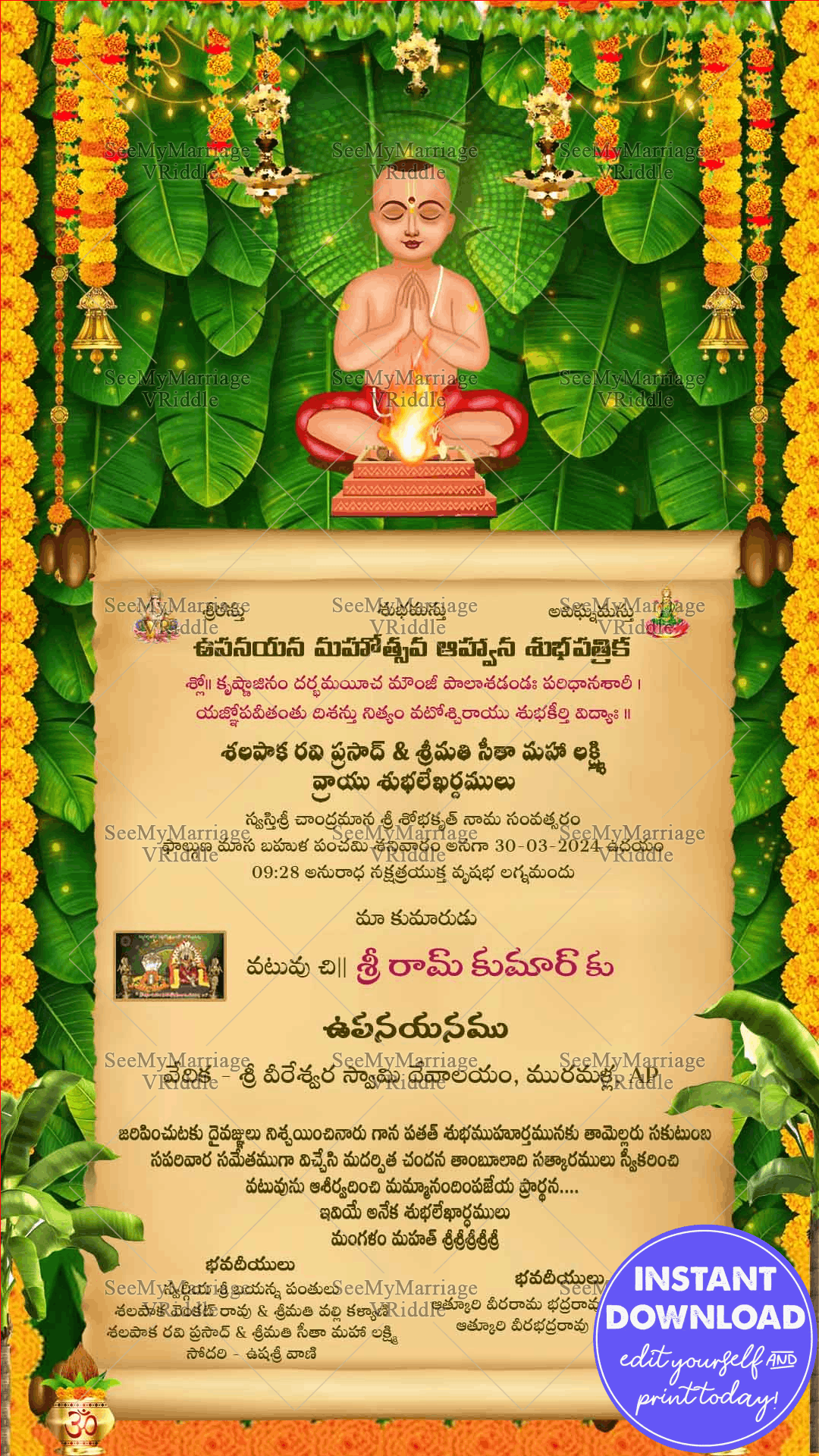 Sacred Thread Ceremony Invitation in Green, yellow and gold hues