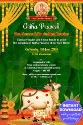 Traditional Gruhapravesam Invitation in Green Banana Leaf theme with Kalash Pot and Cow