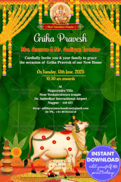 Traditional Gruhapravesam Invitation in Green Banana Leaf theme with Kalash Pot and cow