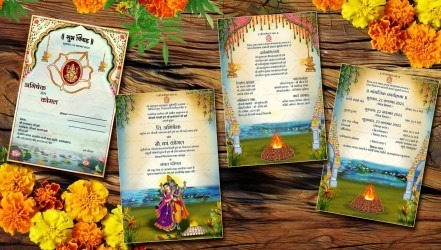 Traditional Radha Krishna Theme Wedding Invitation Card In Cream Color