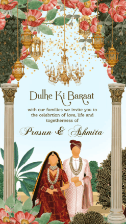 Elegance in Every Detail: Caricature Wedding Invitation with Haldi ka Shagun, Aaja Nach le, Pani wala Dance, Dulhe ki Baraat events