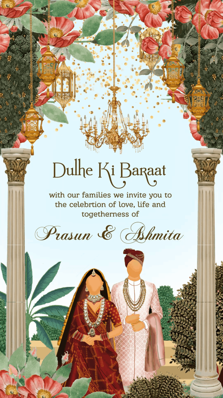 Elegance in Every Detail: Caricature Wedding Invitation with Haldi ka Shagun, Aaja Nach le, Pani wala Dance, Dulhe ki Baraat events