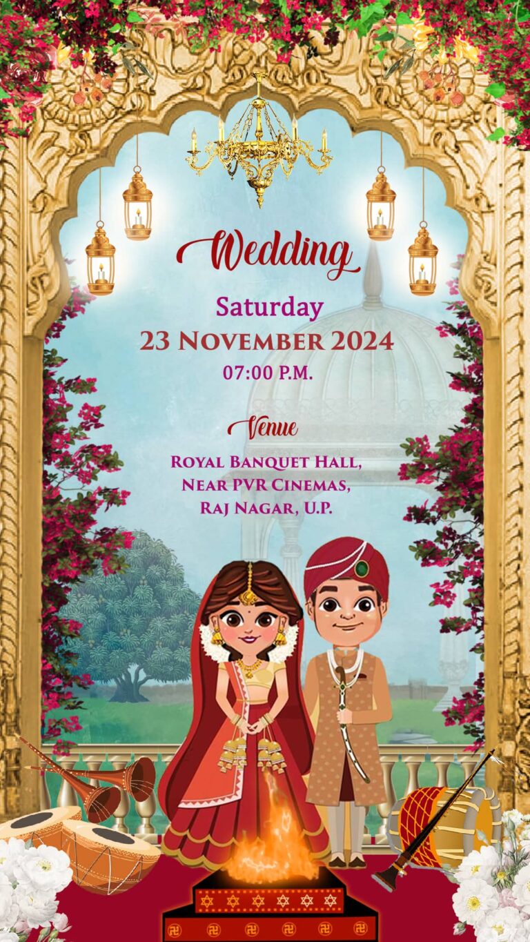 Vibrant North Indian Wedding Invitation with peacocks and arches, couple caricature