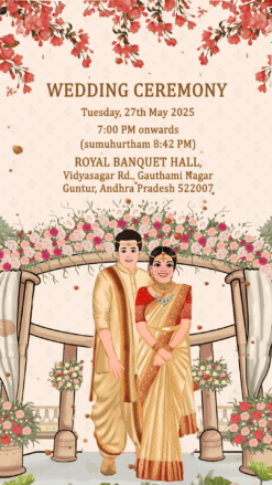 Peacock and Temple theme South Indian Wedding Invitation with couple caricatures