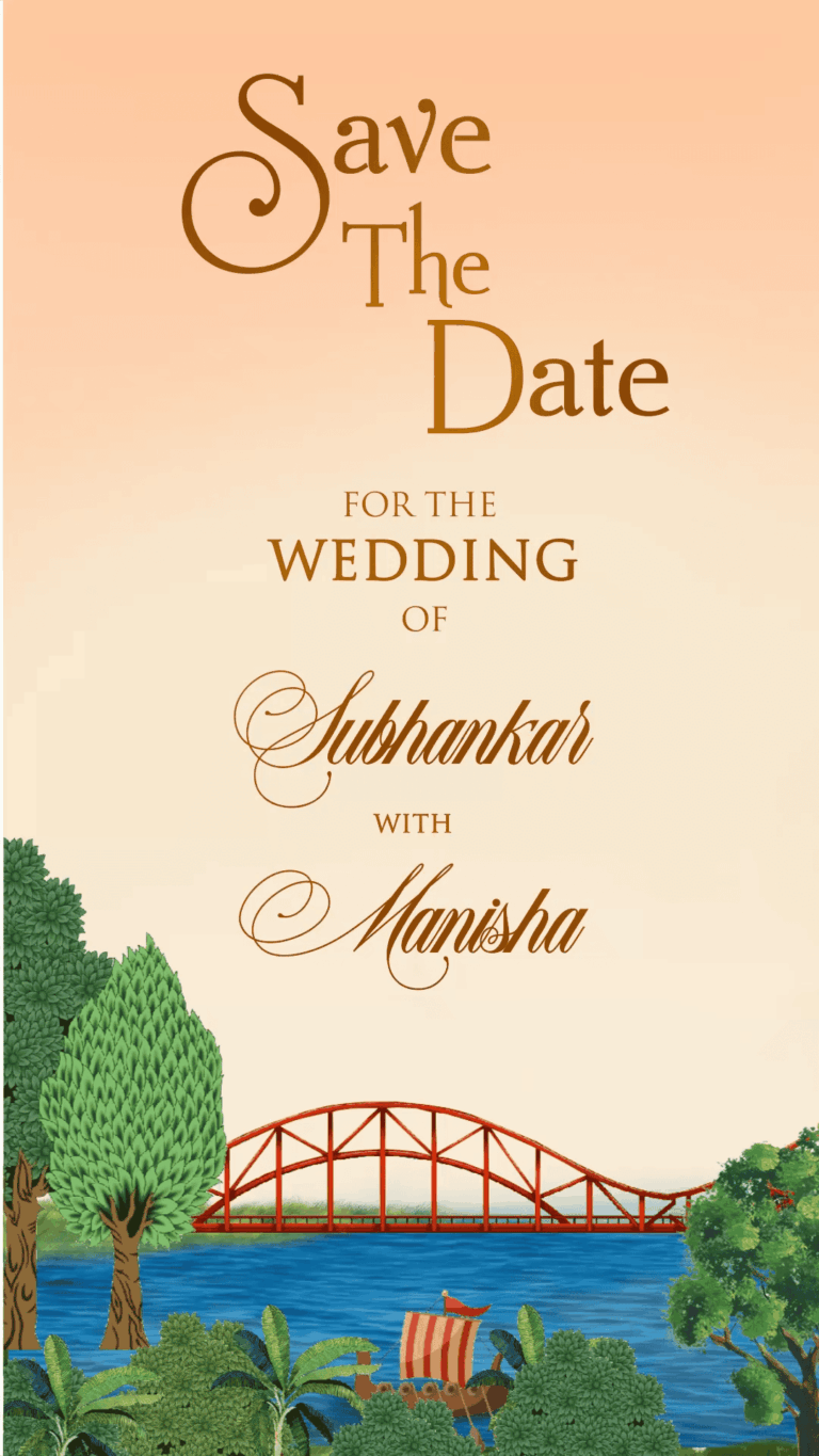 Stork Save the Date in Taj Mahal backdrop and sunset colors