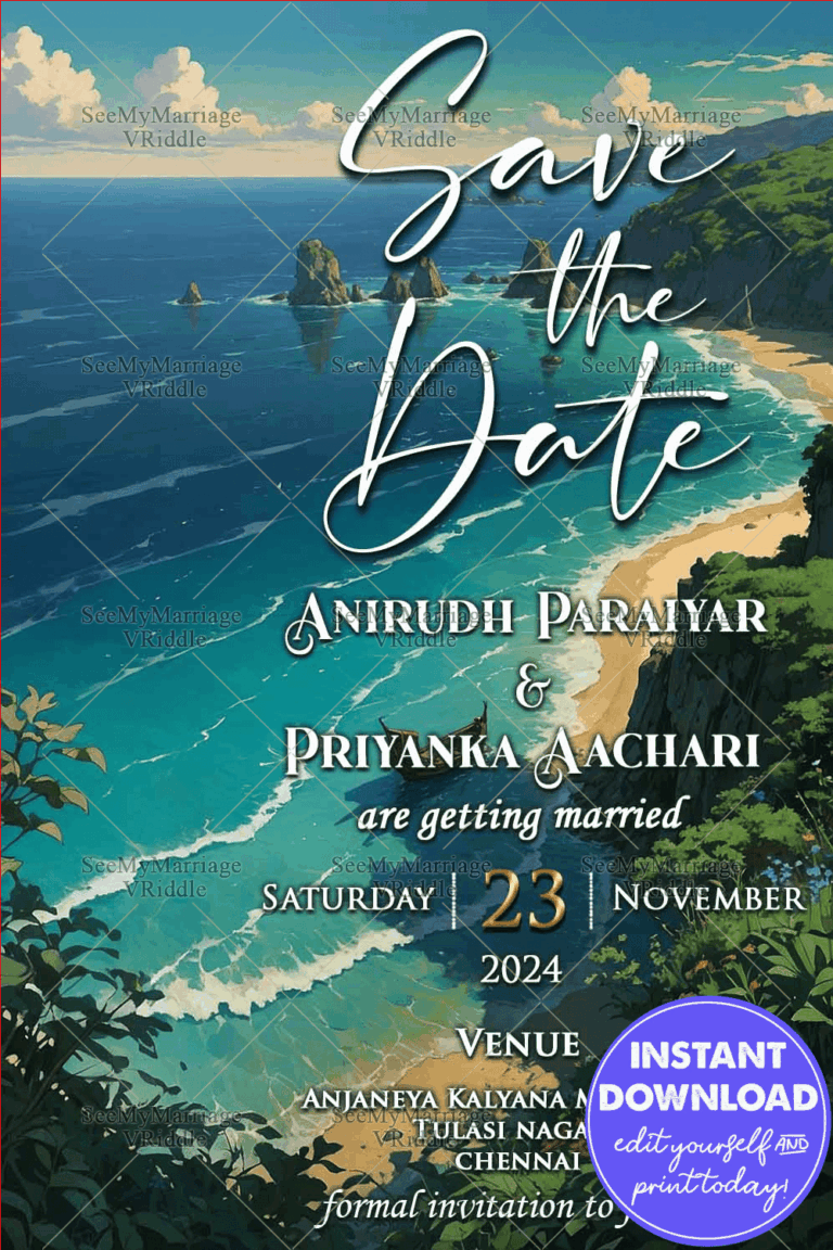 Beach Save the Date Invitation in Blue and Sea green hues with Mountains backdrop