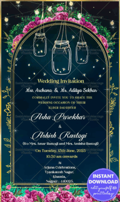 Navy Blue Arch theme Wedding Invitation with Hanging Lanterns