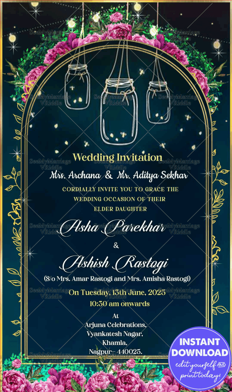 Navy Blue Arch theme Wedding Invitation with Hanging Lanterns