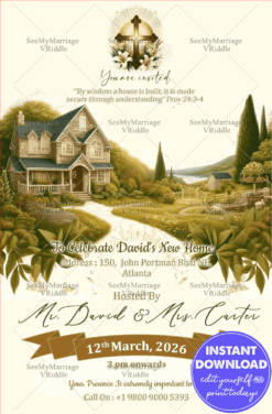 Cream and Green Theme Christian Housewarming Invitation with Countryside background