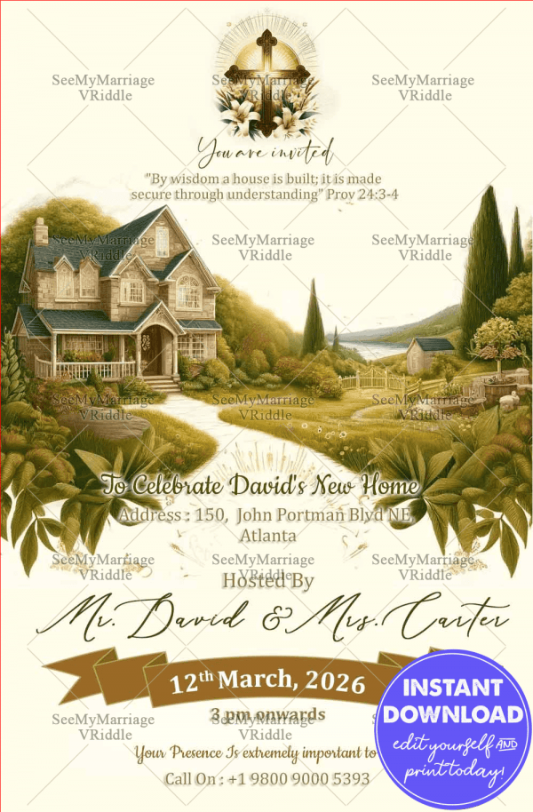 Cream and Green Theme Christian Housewarming Invitation with ...