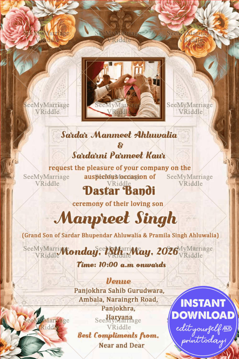 Traditional Dastar Bandi Invitation in Brown theme with add photo option