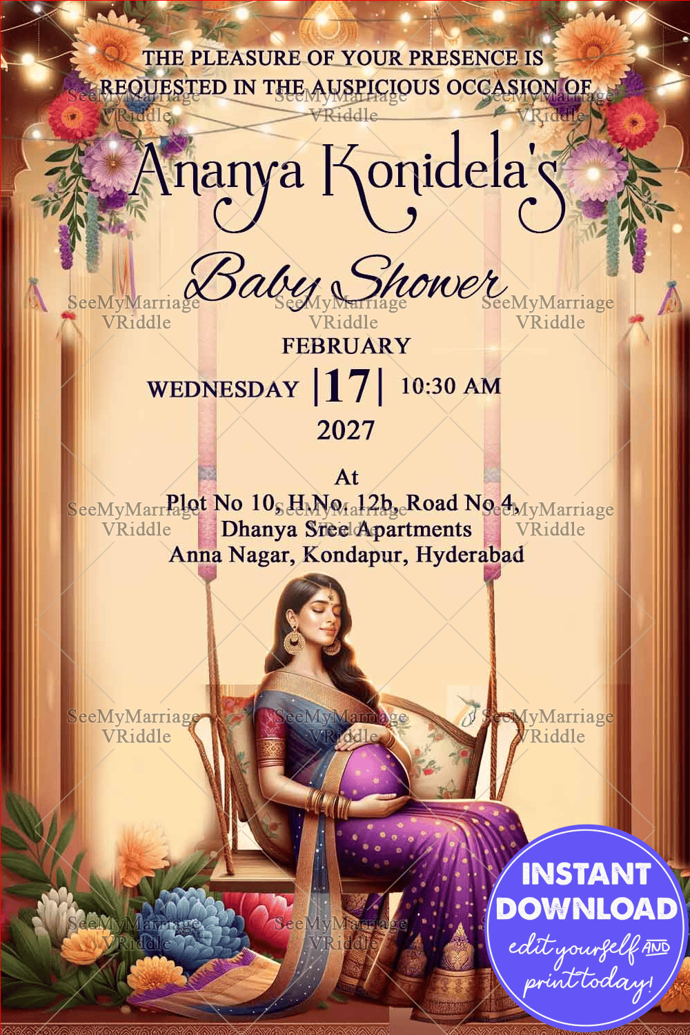 Female-Caricature-Theme-Baby-Shower-Invitation-Violet-Saree