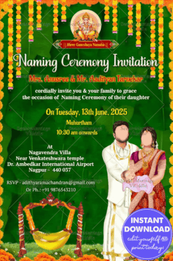 Green Leaves theme Naming Ceremony Invitation with couple caricature