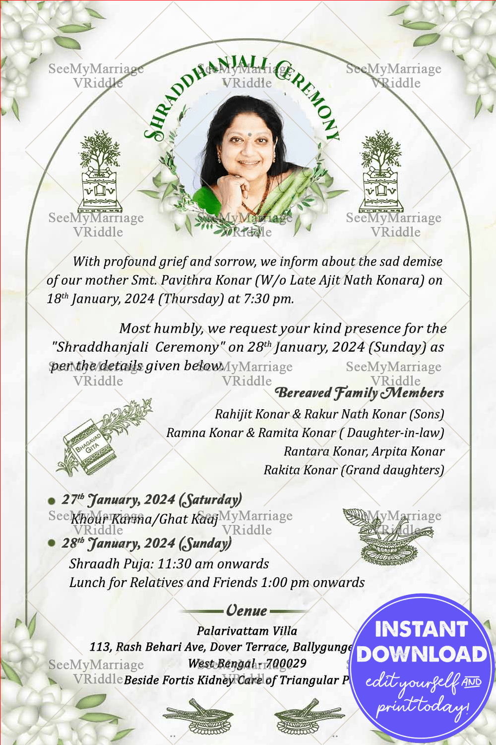Green and white Shraddanjali Ceremony Invitation Card with add photo