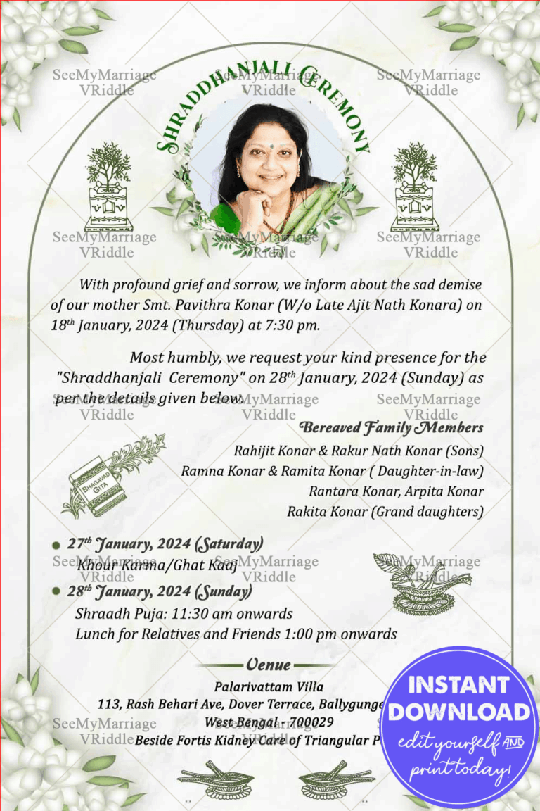 Green and white Shraddanjali Ceremony Invitation Card with add photo