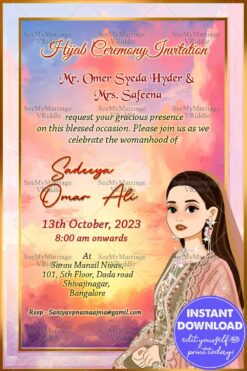 Hijab Celebration: Invitation Card with Girl Illustration on a Pink Background