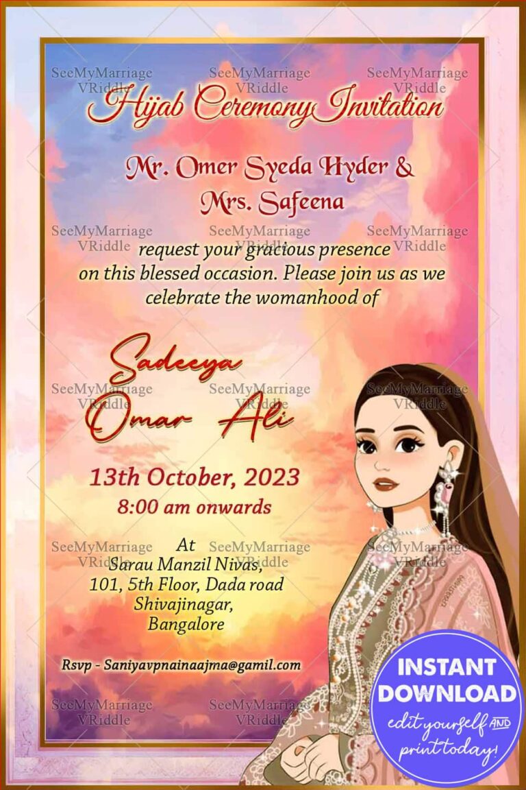 Hijab Celebration: Invitation Card with Girl Illustration on a Pink Background