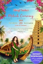Kerala Grand Mehandi Ceremony Invitation Card Lake Boat And Caricature Girl