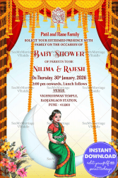 Marathi Baby-Shower-Invitation-lady-green-saree-moon