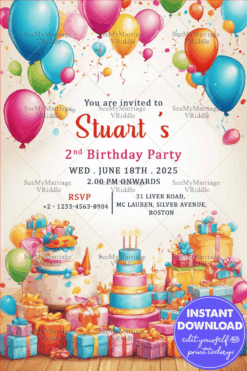Balloons Theme Birthday Invitation in multicolor theme