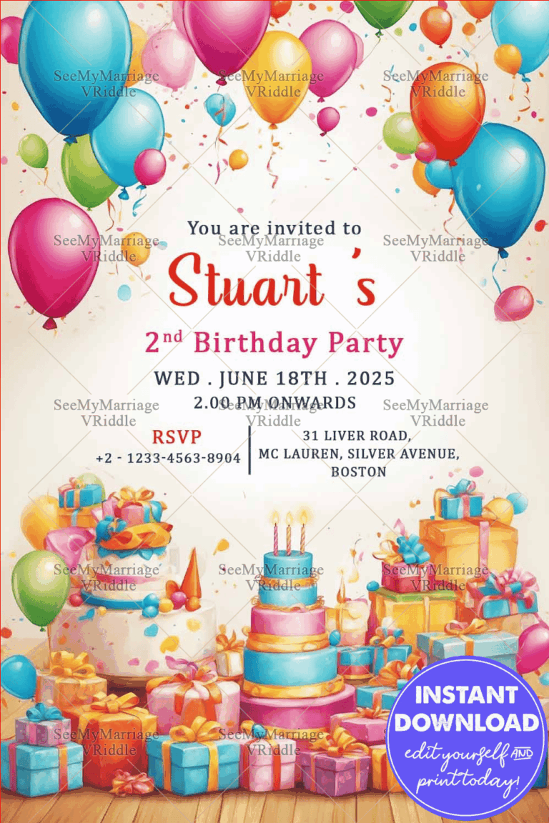 Balloons Theme Birthday Invitation in multicolor theme