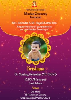 Purple and Orange Mundan Ceremony Invitation With Photo