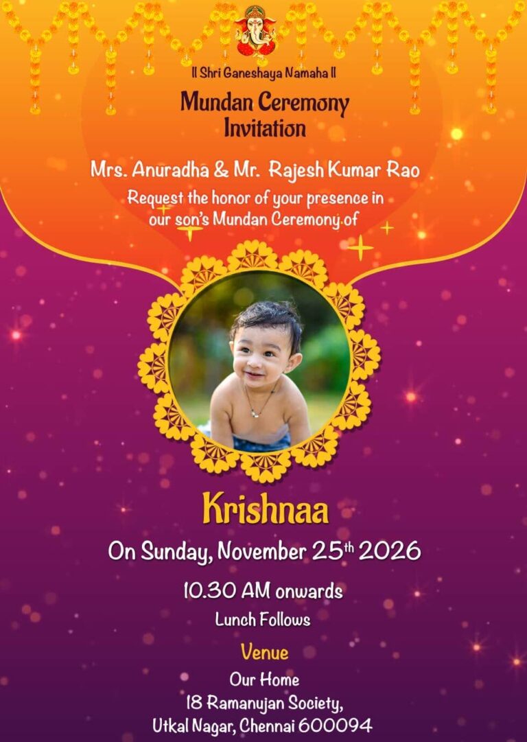 Purple and Orange Mundan Ceremony Invitation With Photo