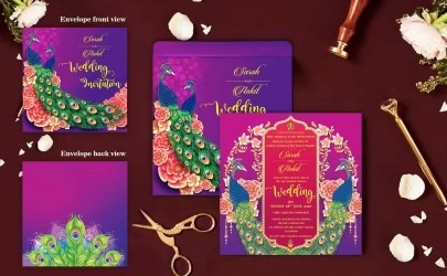 Ornate Wedding Invitation with Vibrant Peacock Theme and Luxurious Floral Accents