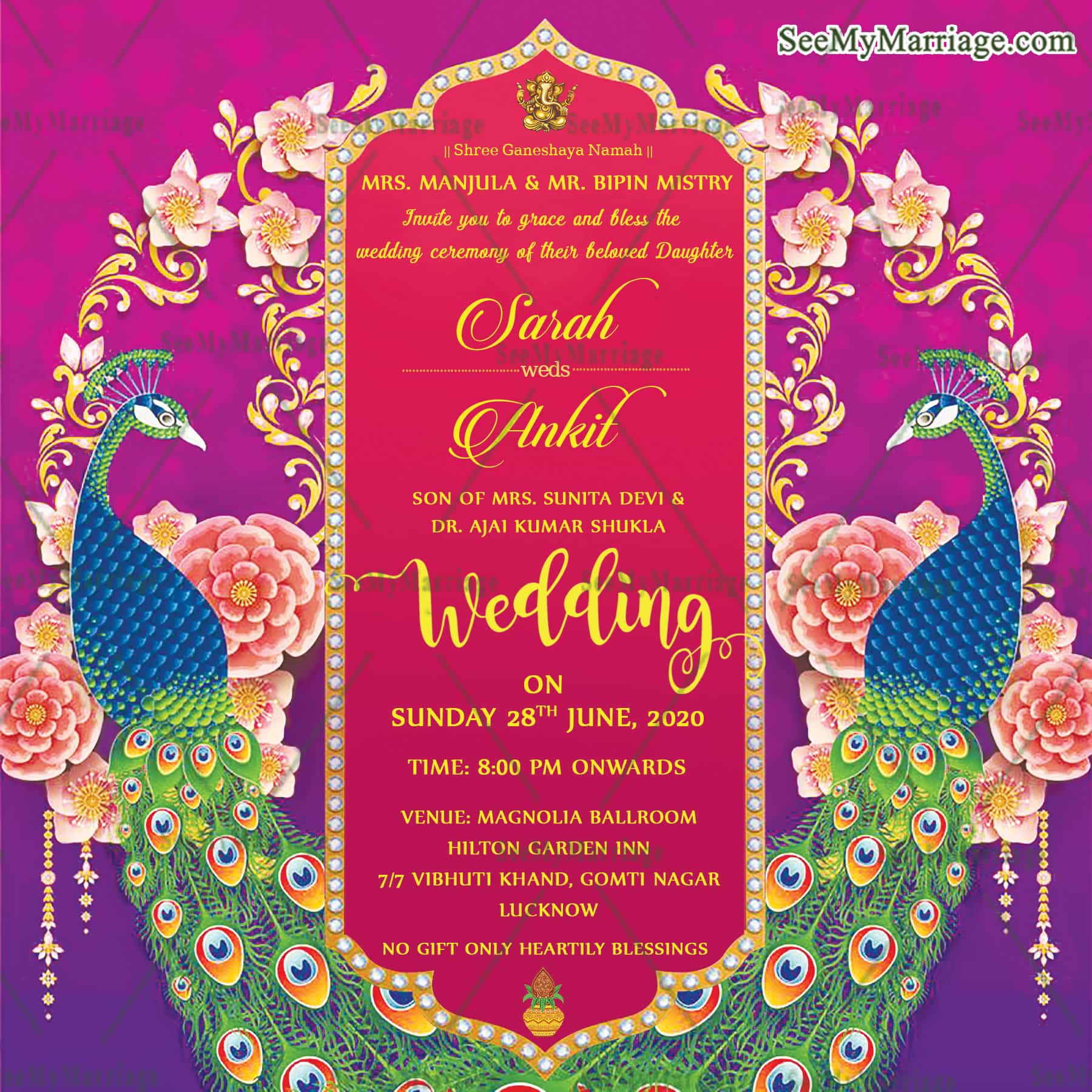 Ornate Wedding Invitation with Vibrant Peacock Theme and Luxurious Floral Accents