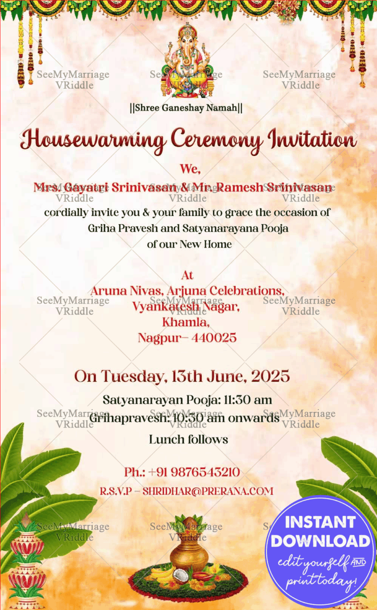 Pink Housewarming Invitation Card with Holy Kalash and banana leaves