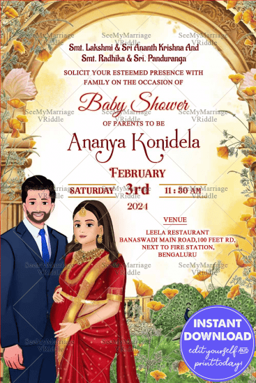 Red and Gold Couple Caricature Baby Shower Invitation – SeeMyMarriage